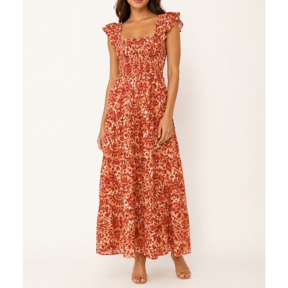 House of Harlow Zoey Maxi Dress Floral Ruffle Smocked Tiered Boho Printed Midi